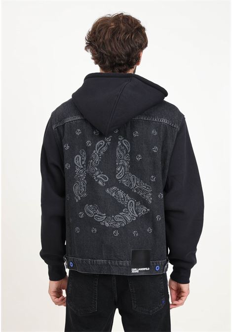 Black denim jacket for men with paisley style design KARL LAGERFELD | KL245D1400J371